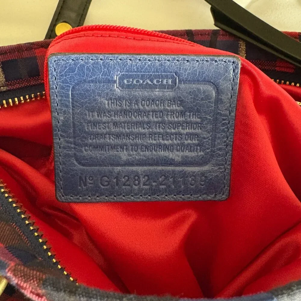 Coach Poppy 2way Shoulder Bag Red Blue Tartan Plaid Signature Canvas Patent Trim